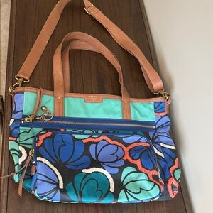 Fossil Blue and Tan Floral Tote Bag